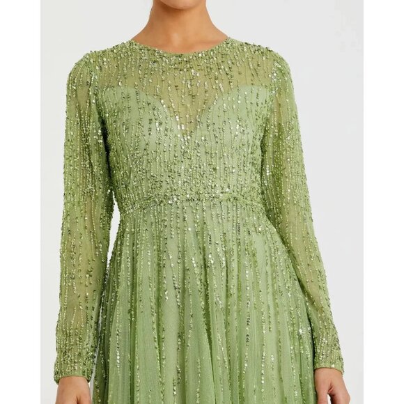 MAC DUGGAL Green Illusion High Neck Long Sleeve Embellished Gown Sage Size US 6 - Picture 3 of 16